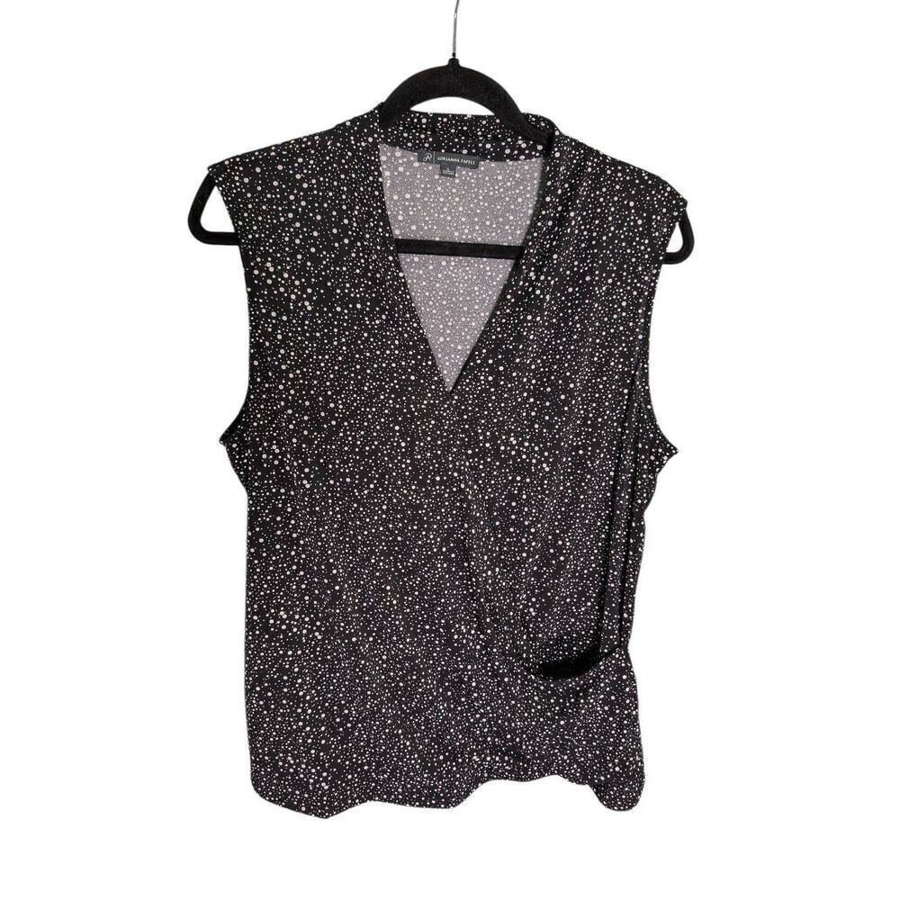 Adrianna Papell Blouse Black Sleeveless Polka Dot Top Button Front Women's Large